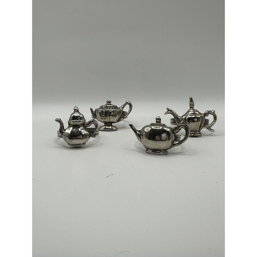 RARE Vintage Pewter Teapot Napkin Rings Set of 4 Made in India Tea Kettle Decor